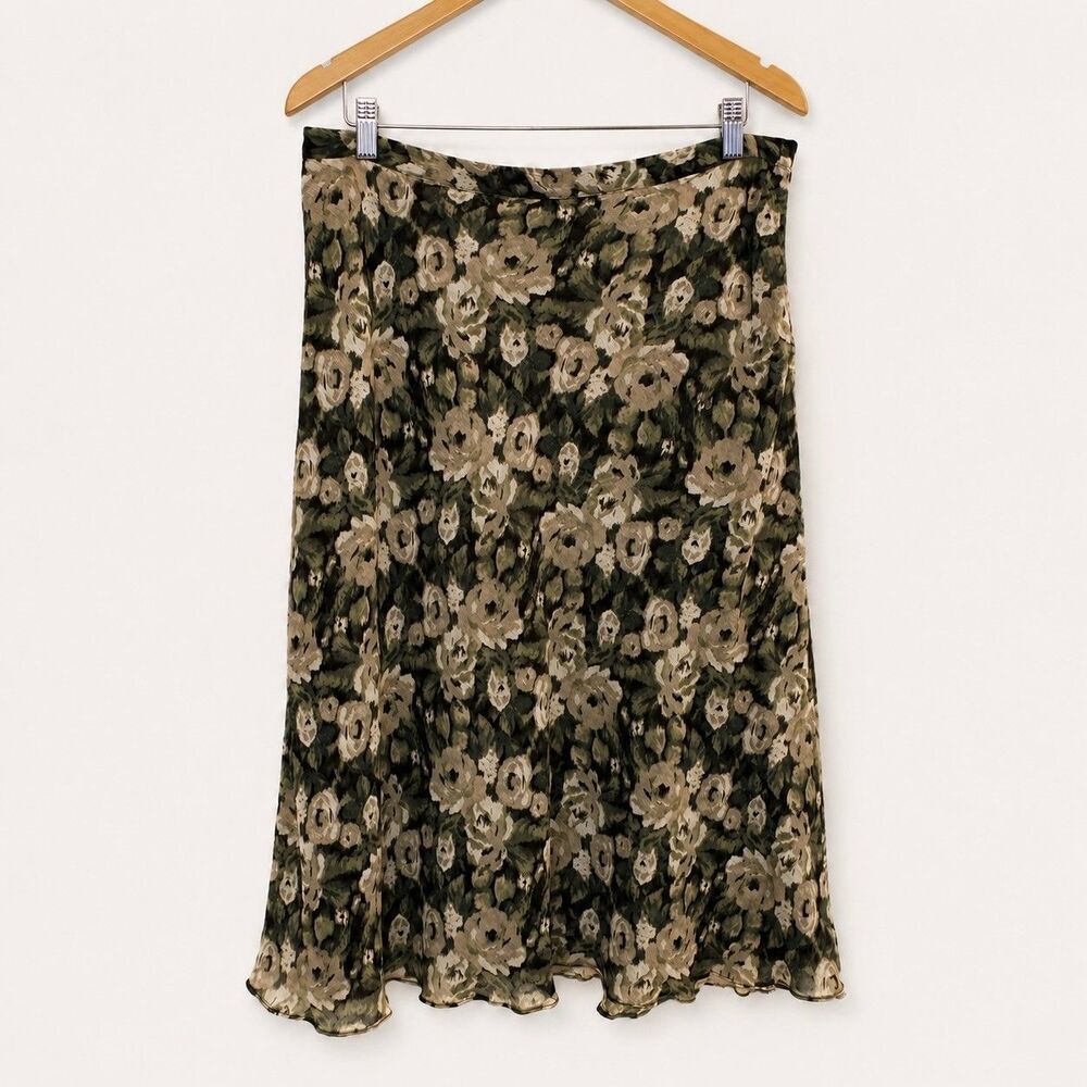 Kate Hill Silk Floral Midi Skirt Green Brown Flowy Bias Cut Sz 14 Cottagecore